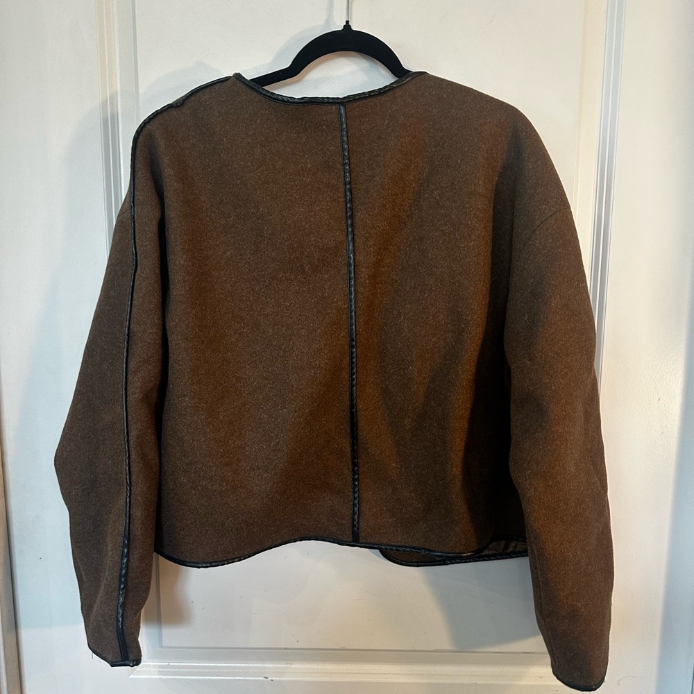 NEW Commense Contrast Trim Tweed Brown Black Trim Open Lightweight Coat, Medium - Picture 8 of 14